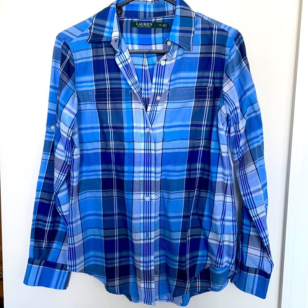 Ralph Lauren blue and white plaid button down blouse